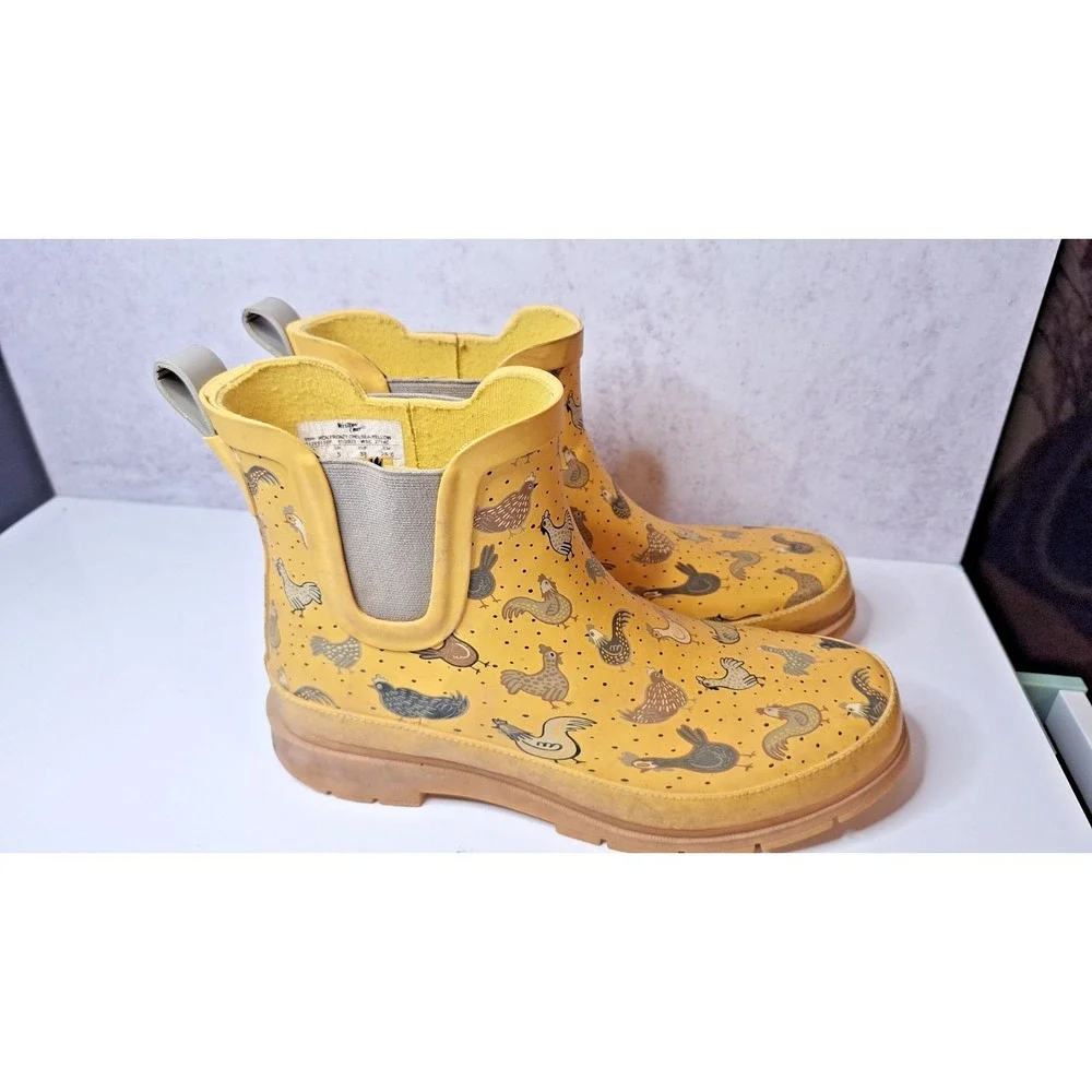 Rubber Rain Boots, Western Chief Hen Frenzy Chelsea Boot, Yellow Womens SZ 7